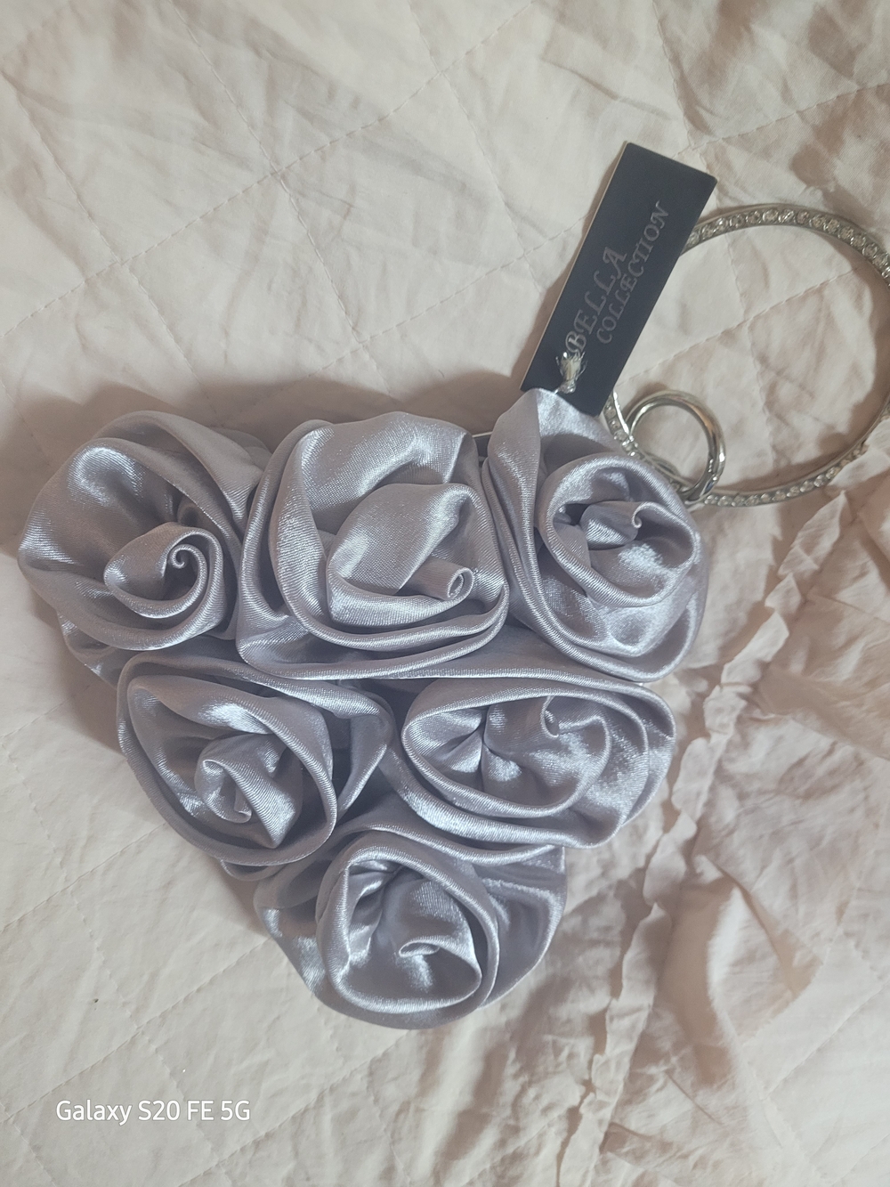 Silver Satin Rose Wristlet Clutch